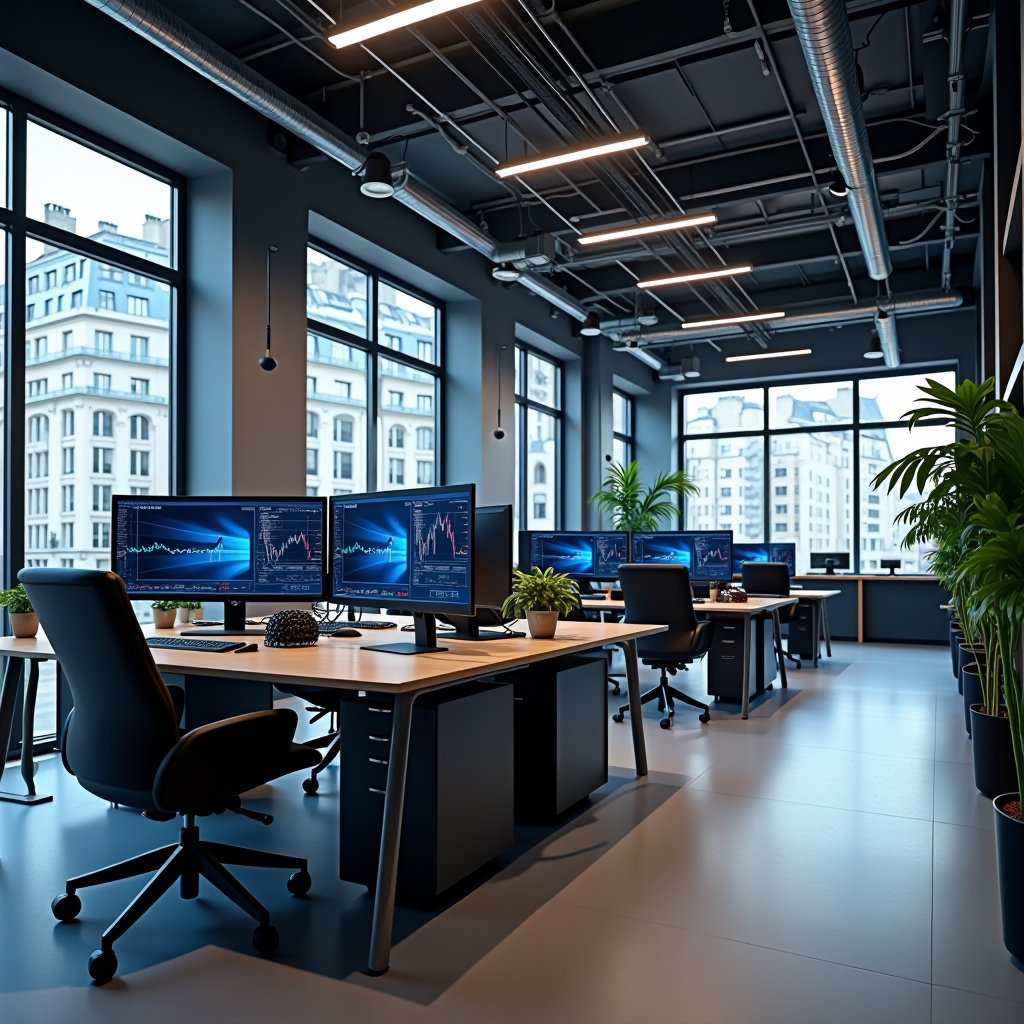 Bureau moderne d'Anthony ROBOT situé au cœur de Luisetaines, avec des espaces de travail équipés de technologies avancées pour l'analyse de trading et le développement d'intelligence artificielle