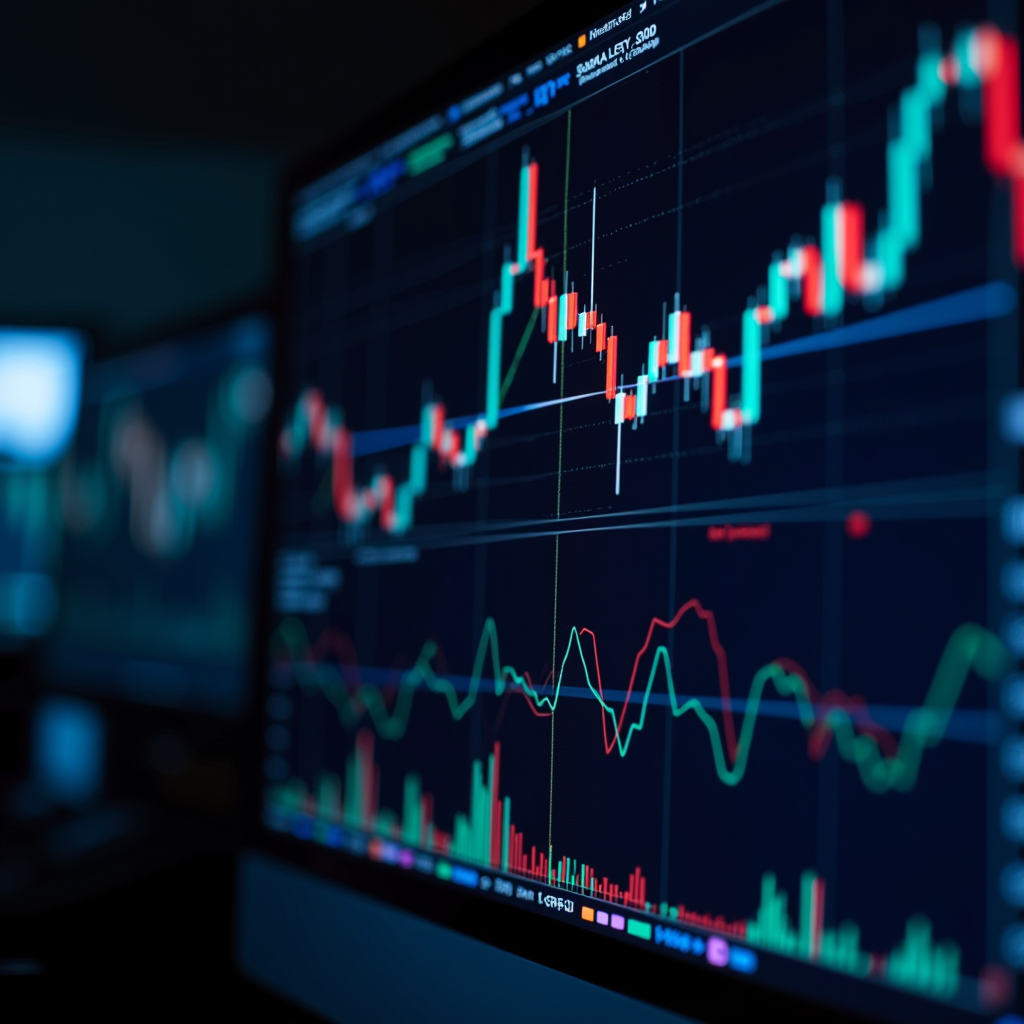 Graphiques d'analyse technique affichant diverses figures chartistes incluant des triangles, des têtes-épaules, et des canaux de tendance avec des indicateurs techniques superposés comme les moyennes mobiles et le RSI sur un écran de trading professionnel moderne