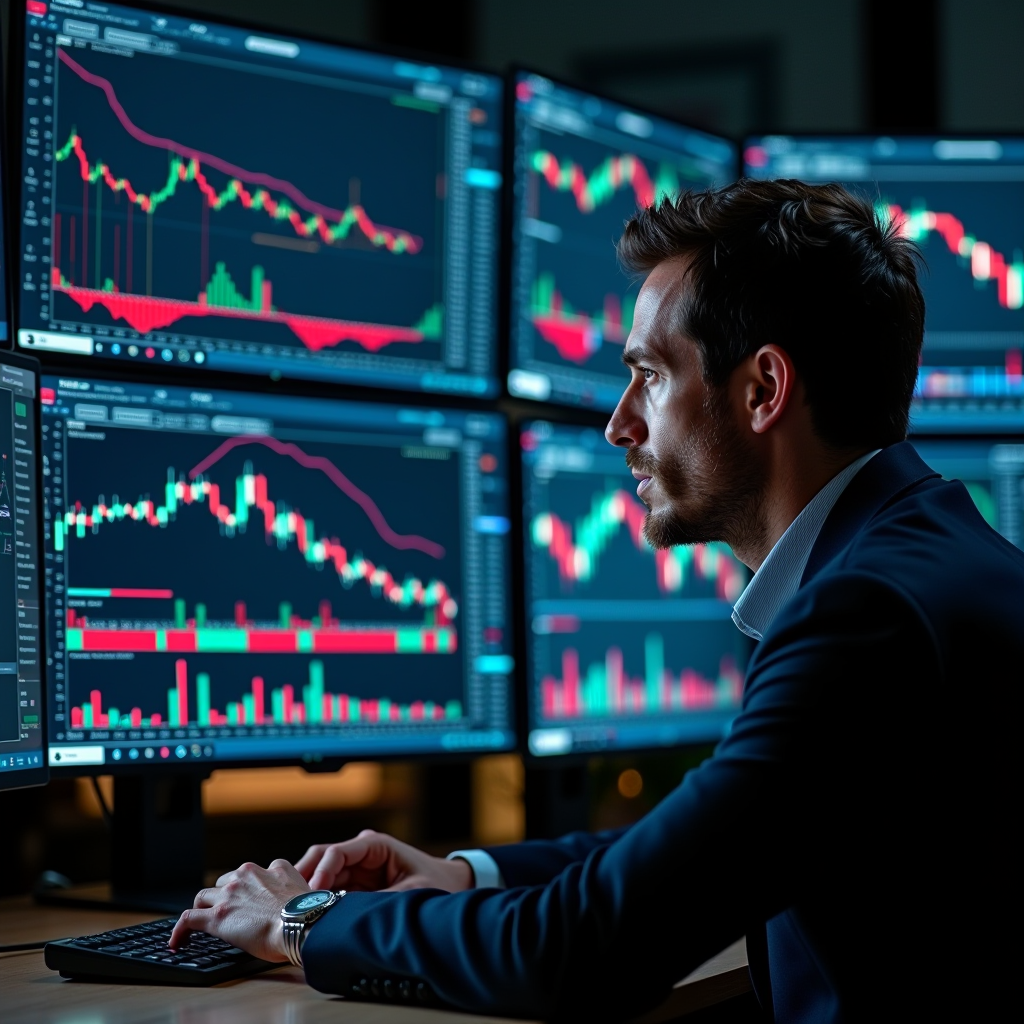 Trader professionnel analysant des graphiques financiers complexes sur plusieurs écrans d'ordinateur, avec des indicateurs techniques, des courbes de tendance et des données de marché en temps réel affichées dans une salle de trading moderne