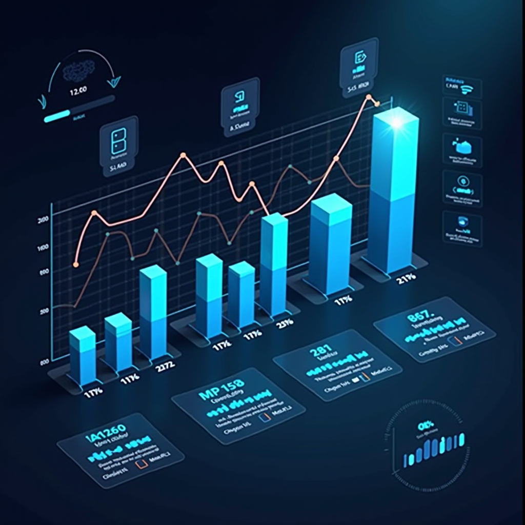 Visualisation de la croissance du secteur français de la technologie financière avec des graphiques montrant l'adoption croissante des plateformes de conseil basées sur l'IA, incluant des statistiques de marché, des courbes de croissance et des représentations visuelles de l'intelligence artificielle appliquée aux services financiers