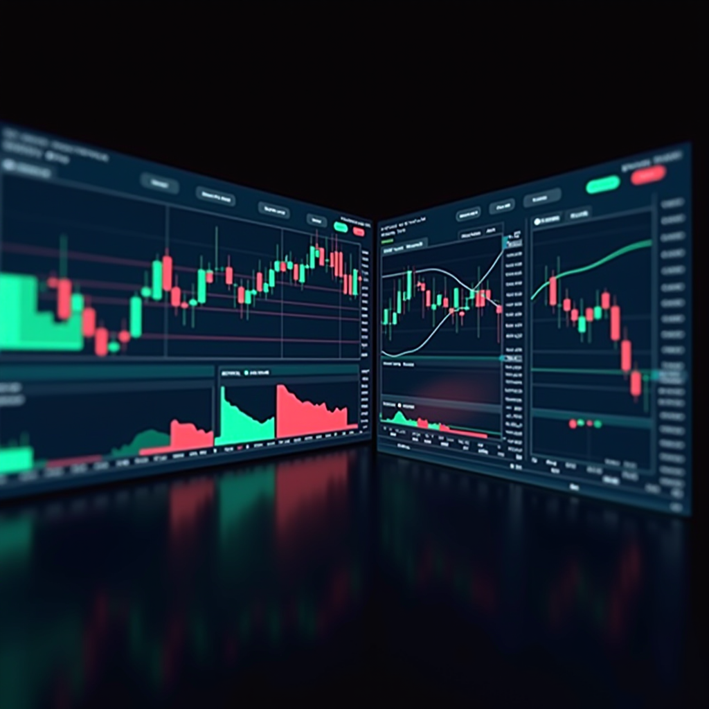 Interface d'analyse technique IA montrant des graphiques de marché avec des indicateurs techniques, des niveaux de support et résistance, et des motifs de chandeliers sur plusieurs écrans