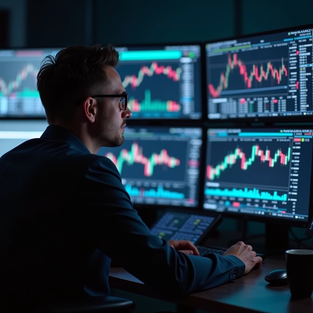 Analyste financier travaillant sur plusieurs écrans affichant des graphiques de trading, des indicateurs techniques et des données de marché en temps réel